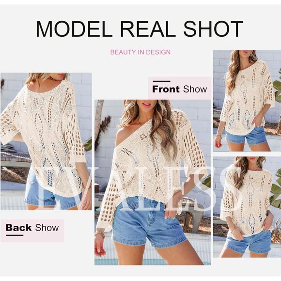 Women's Crochet Knit Top Short Sleeve Beach Cover Up Off Shoulder Casual - Picture 5 of 6